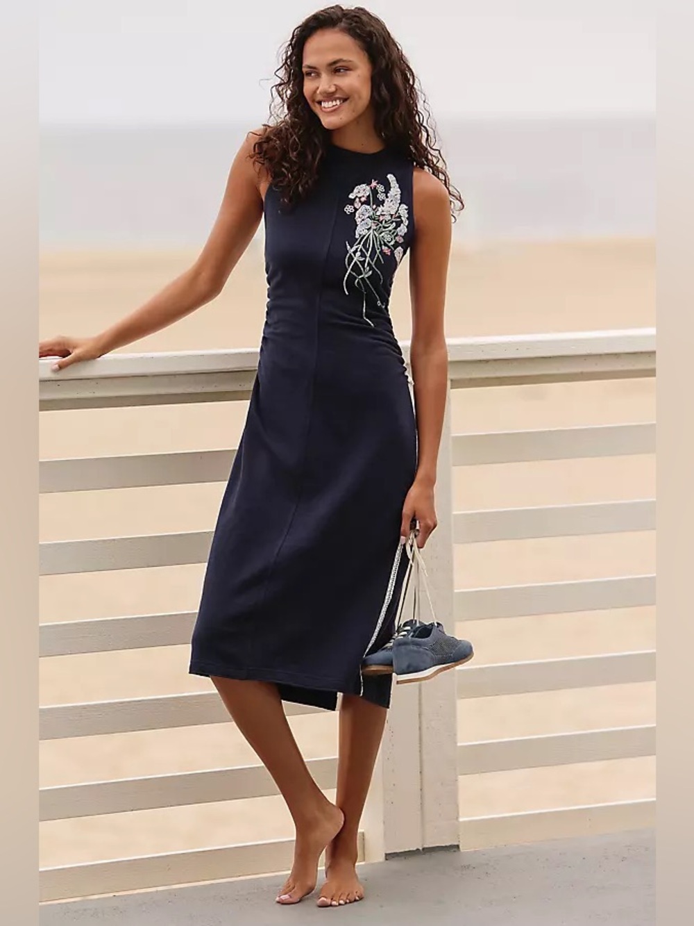 Sleeveless Navy Midi Dress with Floral Embroidery